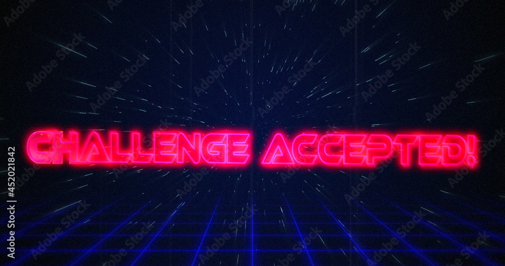 Retro Challenge accepted text glitching over blue and red triangles on white hyperspace effect