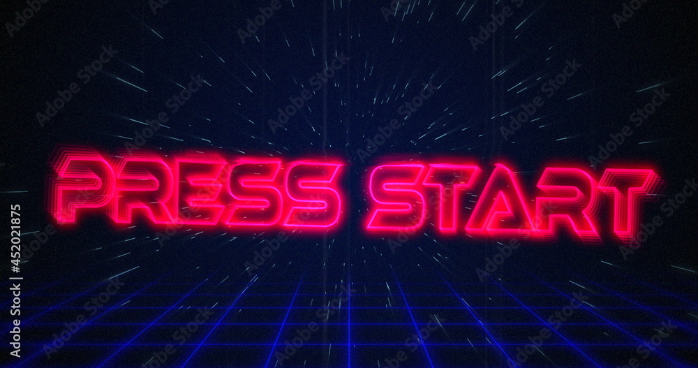 Retro Press Start text glitching over blue and red lines on white hyperspace effect