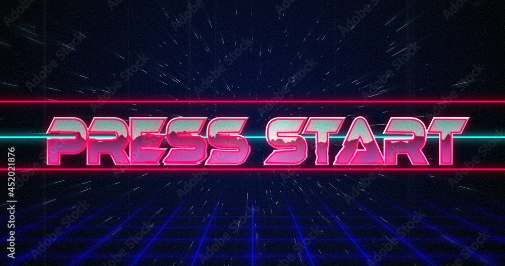 Retro Press Start text glitching over blue and red lines on white hyperspace effect