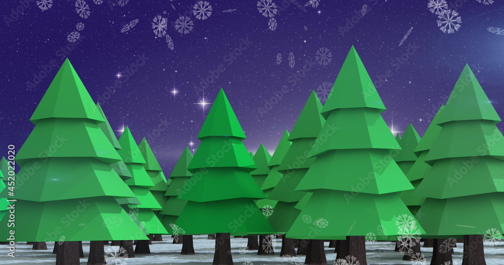 Image of christmas winter scenery with snow falling and green fir trees on blue background