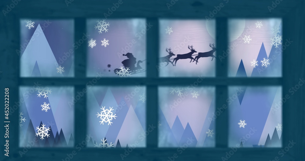 Image of black silhouette on santa claus in sleigh being pulled by reindeer with winter scenery 