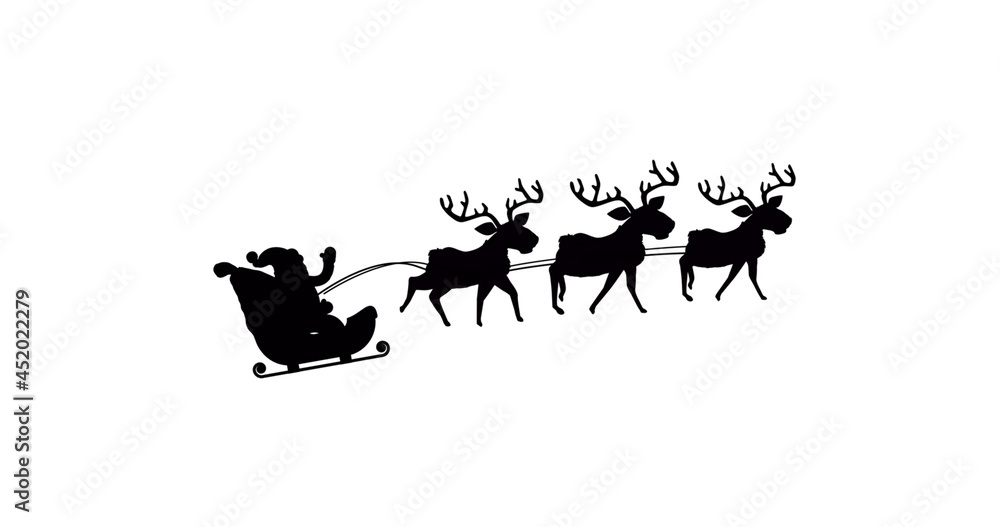 Image of black silhouette of santa claus in sleigh being pulled by reindeer on white background