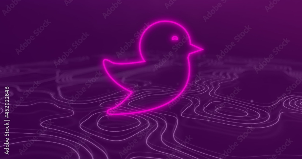 Flickering neon bird over moving white lines