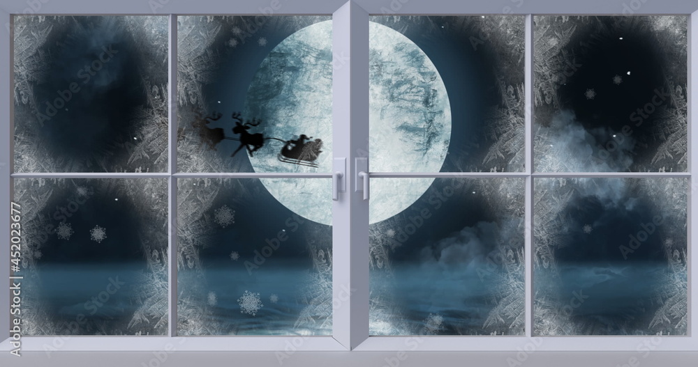 Image of silhouette of santa claus in sleigh being pulled by reindeer and winter christmas scene