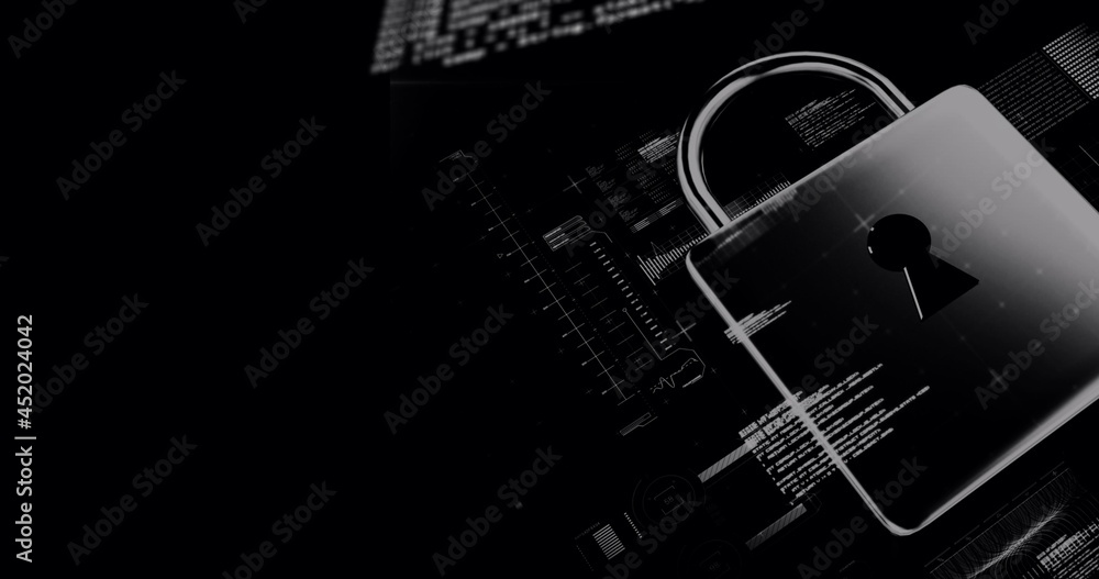 Image of data processing and online security digital padlock on black background