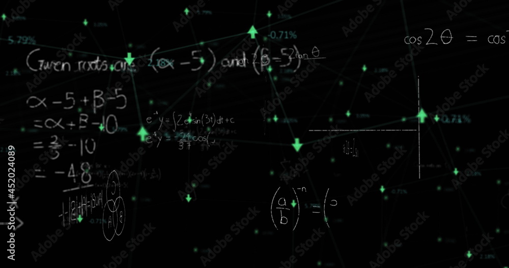 Network of connections with arrows against mathematical diagrams