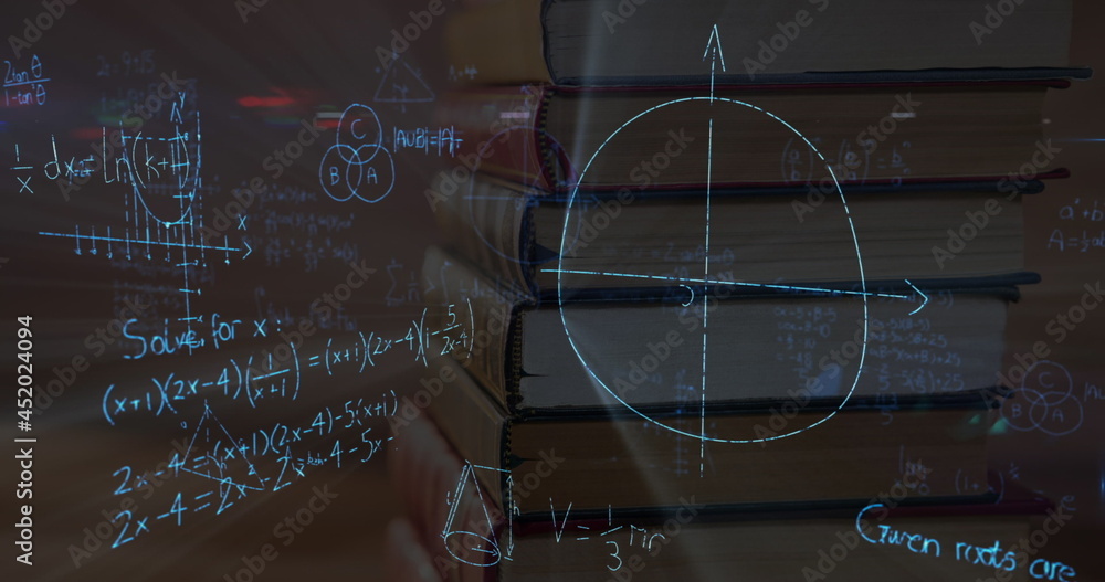 Mathematical equations against stack of books