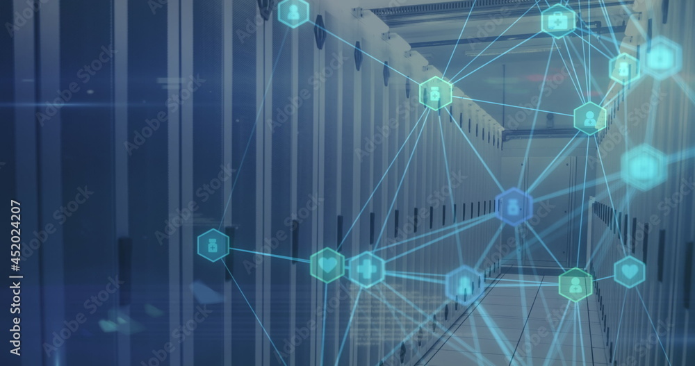 Network of connections icons against server room