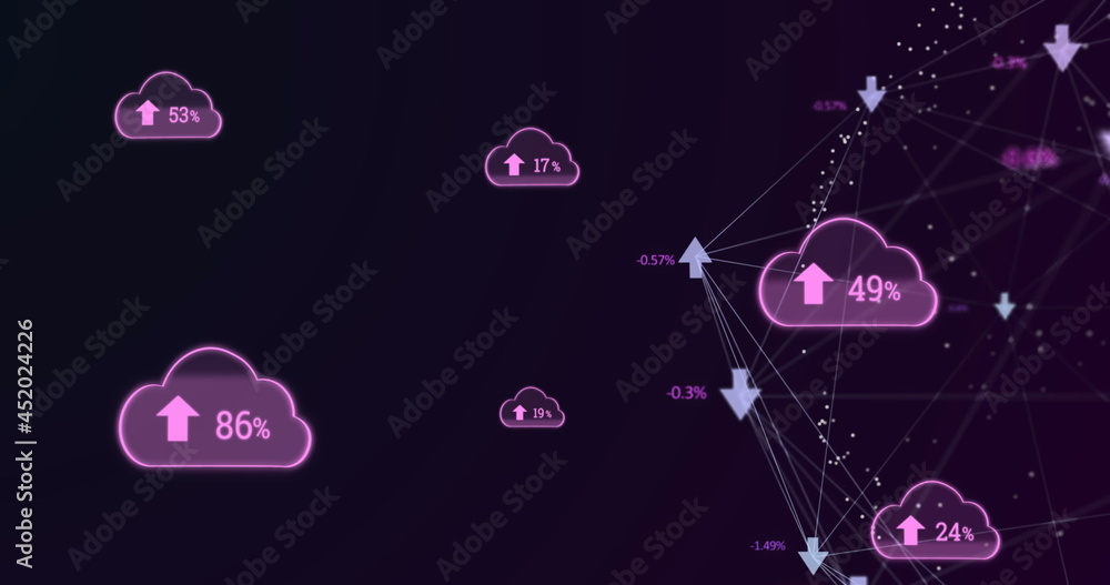 Globe of arrows against multiple cloud icon with increasing percentage