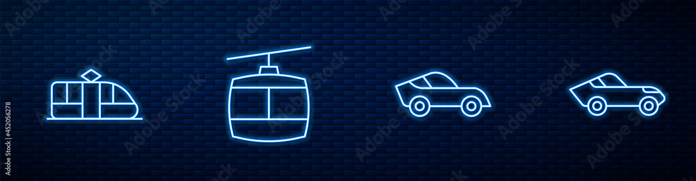 设置线路汽车、有轨电车和铁路、缆车和。砖墙上闪闪发光的霓虹灯图标。矢量