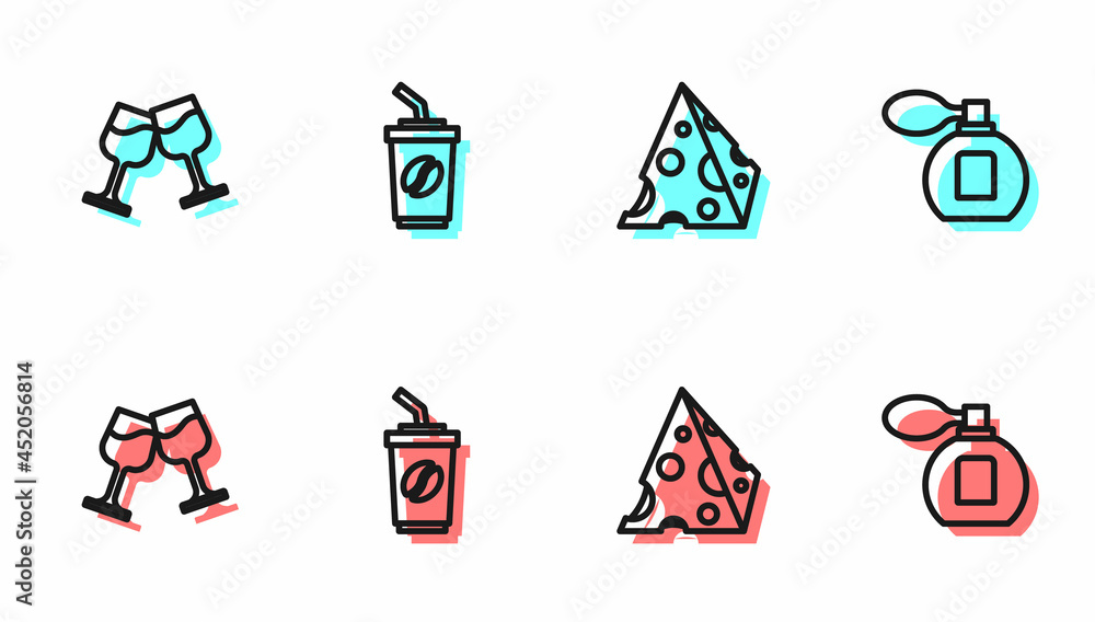 Set line Cheese, Wine glass, Coffee cup to go and Perfume icon. Vector