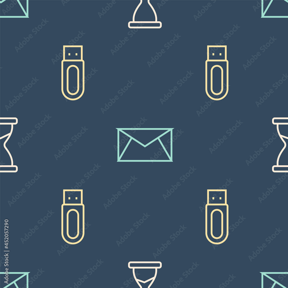 Set line Old hourglass, USB flash drive and Mail and e-mail on seamless pattern. Vector