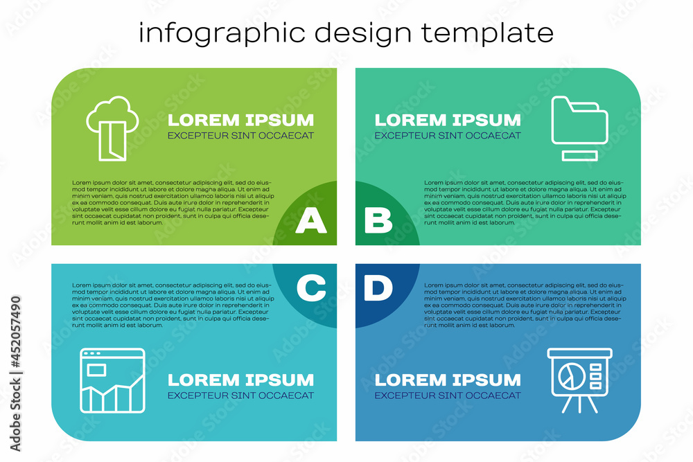 Set line Graph chart infographic, Cloud database, Board with and Document folder. Business infograph