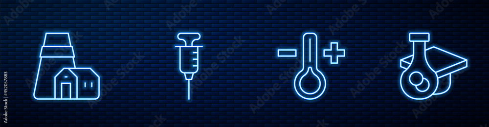 Set line Thermometer, Power station plant, Syringe and Graduation cap. Glowing neon icon on brick wa