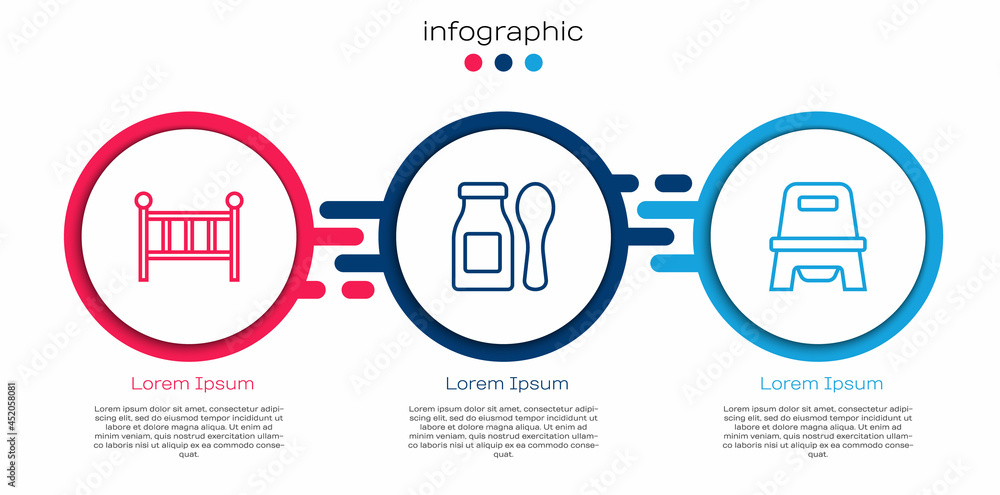 设置婴儿床摇篮床，用勺子和便盆装在奶瓶里的酸奶。商业信息图模板。