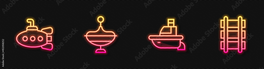 Set line Toy boat, Submarine toy, Whirligig and railway. Glowing neon icon. Vector