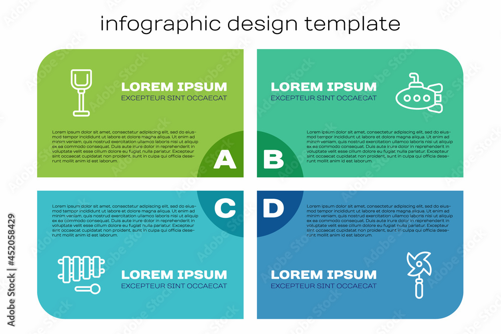 套装木琴、铲子玩具、风车和潜艇。商业信息图模板。矢量