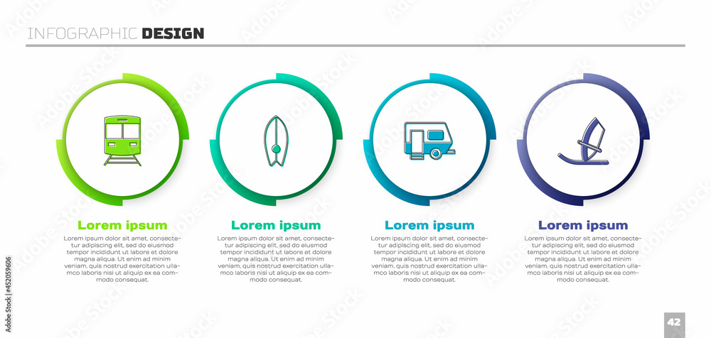 设置火车和铁路、冲浪板、越野露营拖车和风帆冲浪。商业信息图模板。