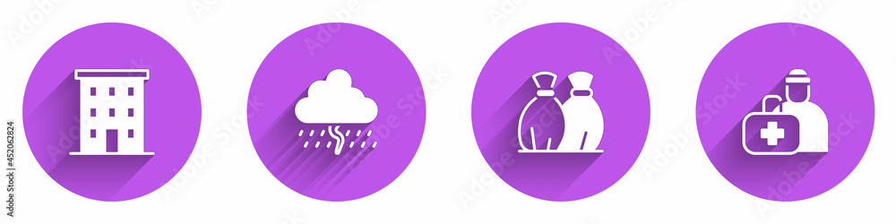 Set Multi storey building, Cloud with rain, Garbage bag and First aid kit icon with long shadow. Vec