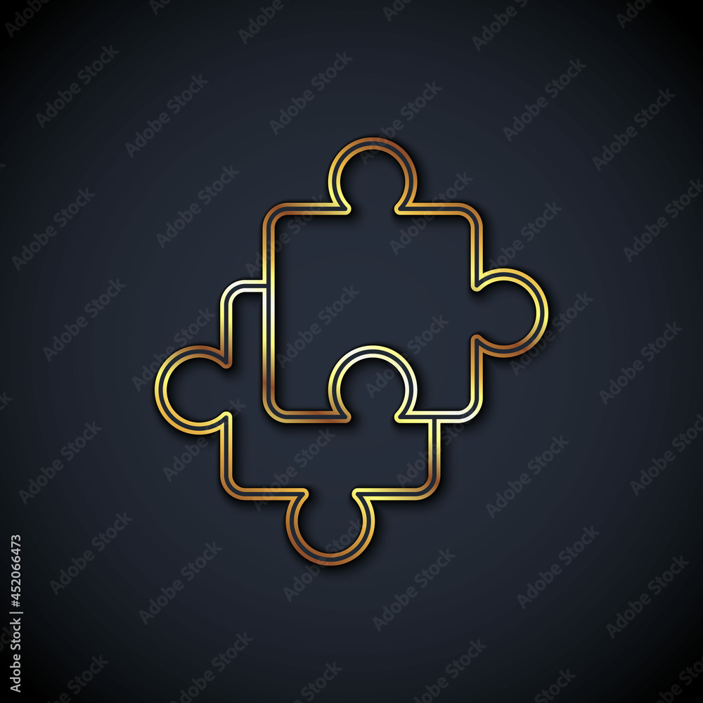 Gold line Puzzle pieces toy icon isolated on black background. Vector