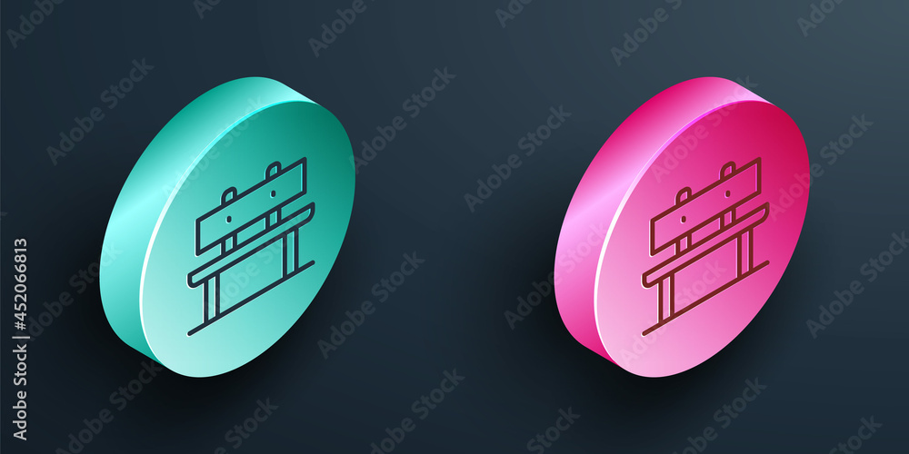 Isometric line Bench icon isolated on black background. Turquoise and pink circle button. Vector