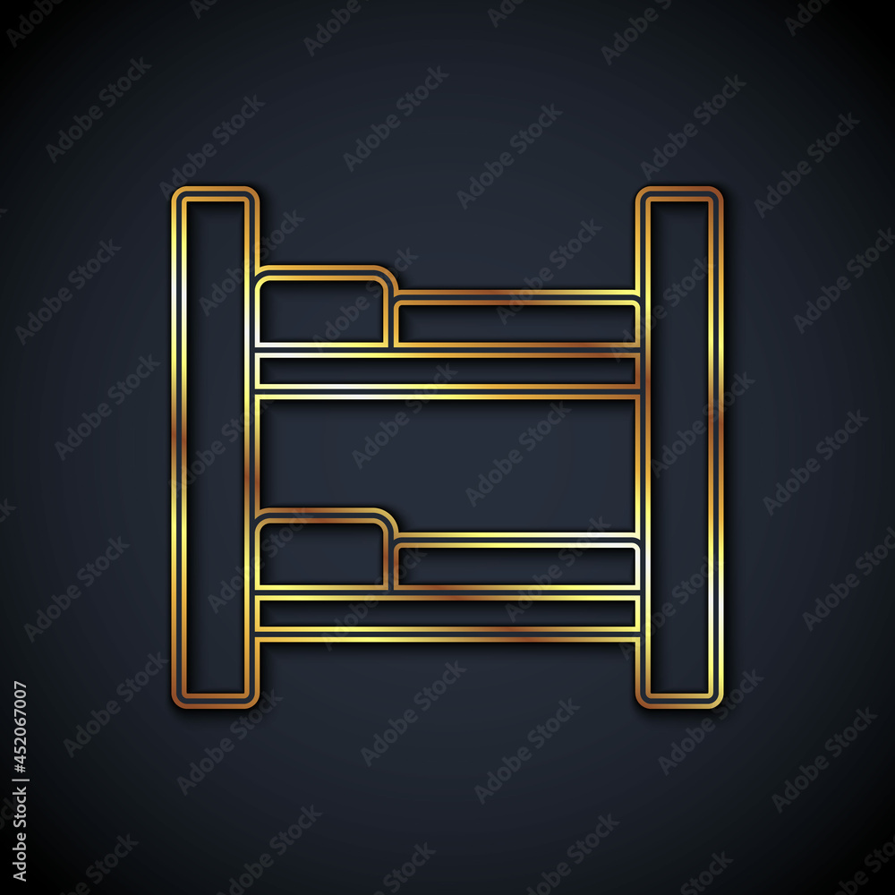 金线酒店客房床图标隔离在黑色背景上。矢量