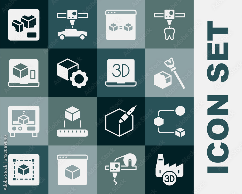 Set Printing house industry，Isometric cube，3D打印机完美复制和icon.Vvector