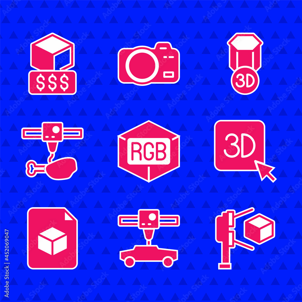 设置RGB和CMYK颜色混合、3D打印机车、带立方体的扫描仪、等距文件、鸡腿和s