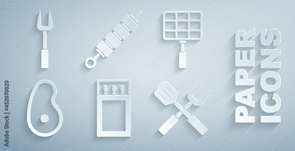 Set Matchbox and matches, Barbecue steel grid, Steak meat, Crossed fork spatula, Grilled shish kebab