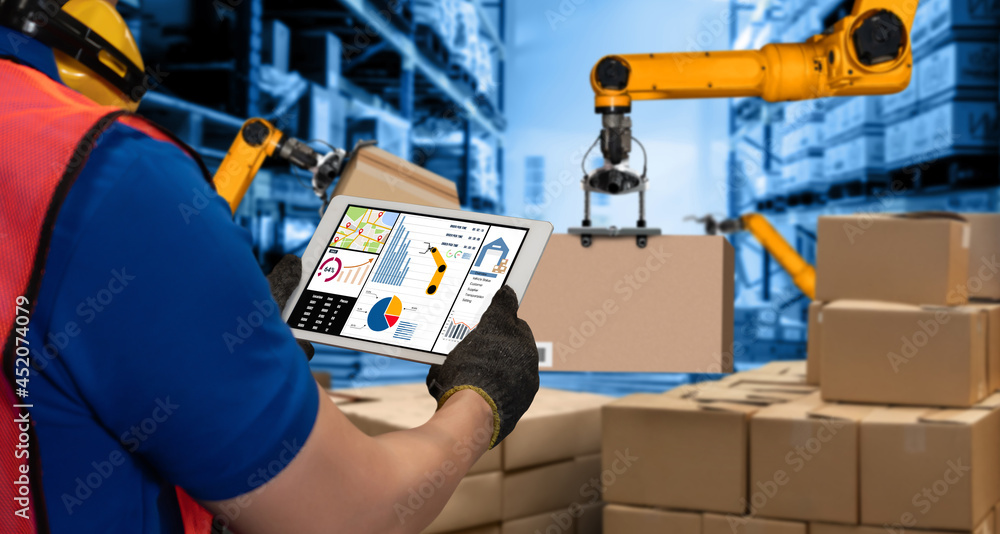 Smart robot arm systems for innovative warehouse and factory digital technology . Automation manufac