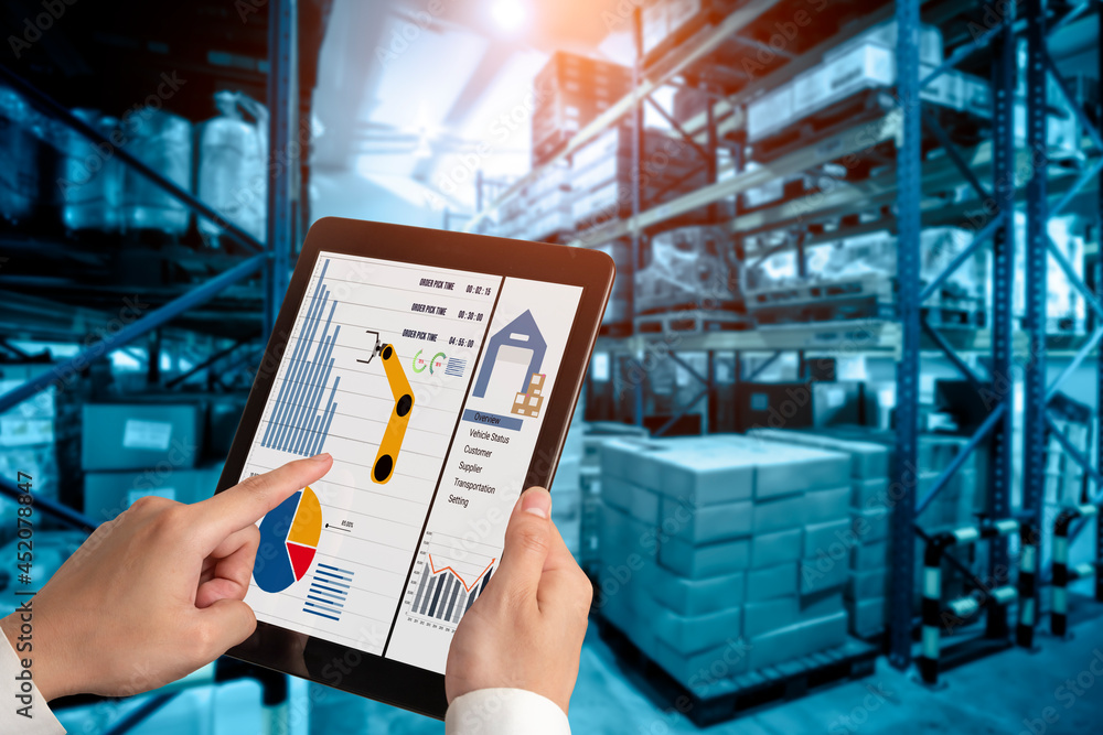 Warehouse management innovative software in computer for real time monitoring of goods package deliv