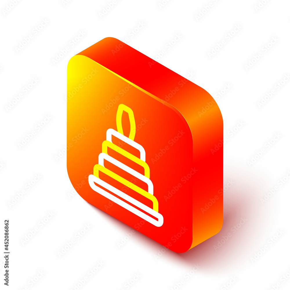 Isometric line Pyramid toy icon isolated on white background. Orange square button. Vector