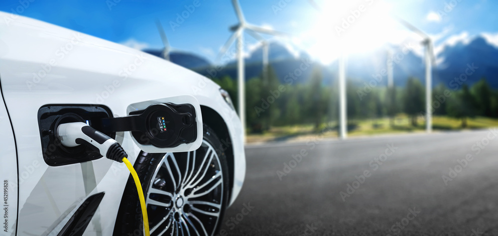 EV charging station for electric car in concept of green sustainable energy produced from renewable 