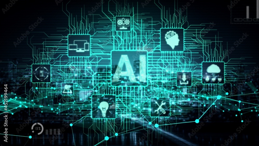 AI Learning and Artificial Intelligence conceptual - Icon Graphic Interface showing computer, machin