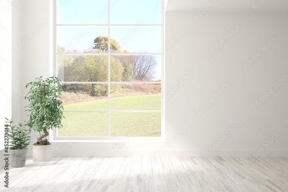 Stylish empty room in white color with autumn landscape in window. Scandinavian interior design. 3D 