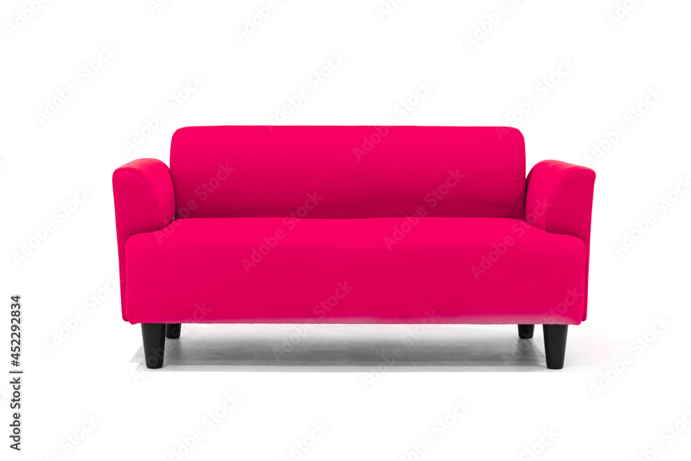 Red Scandinavian style contemporary sofa on white background with modern and minimal furniture desig