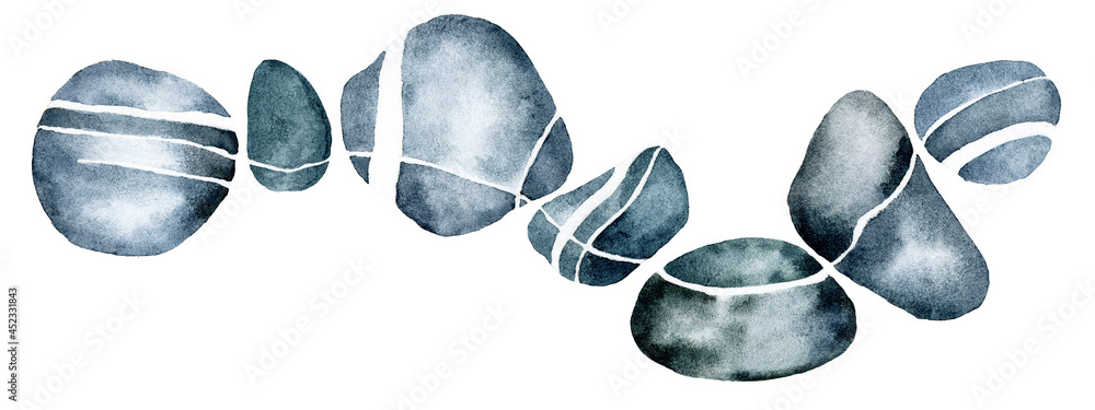 watercolor drawing. stones, river pebbles with white streaks, stripes. sea ​​stones of gray-blue col