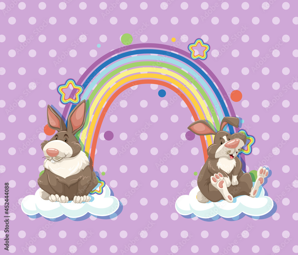 Two rabbits on the cloud with rainbow on purple polka dot background