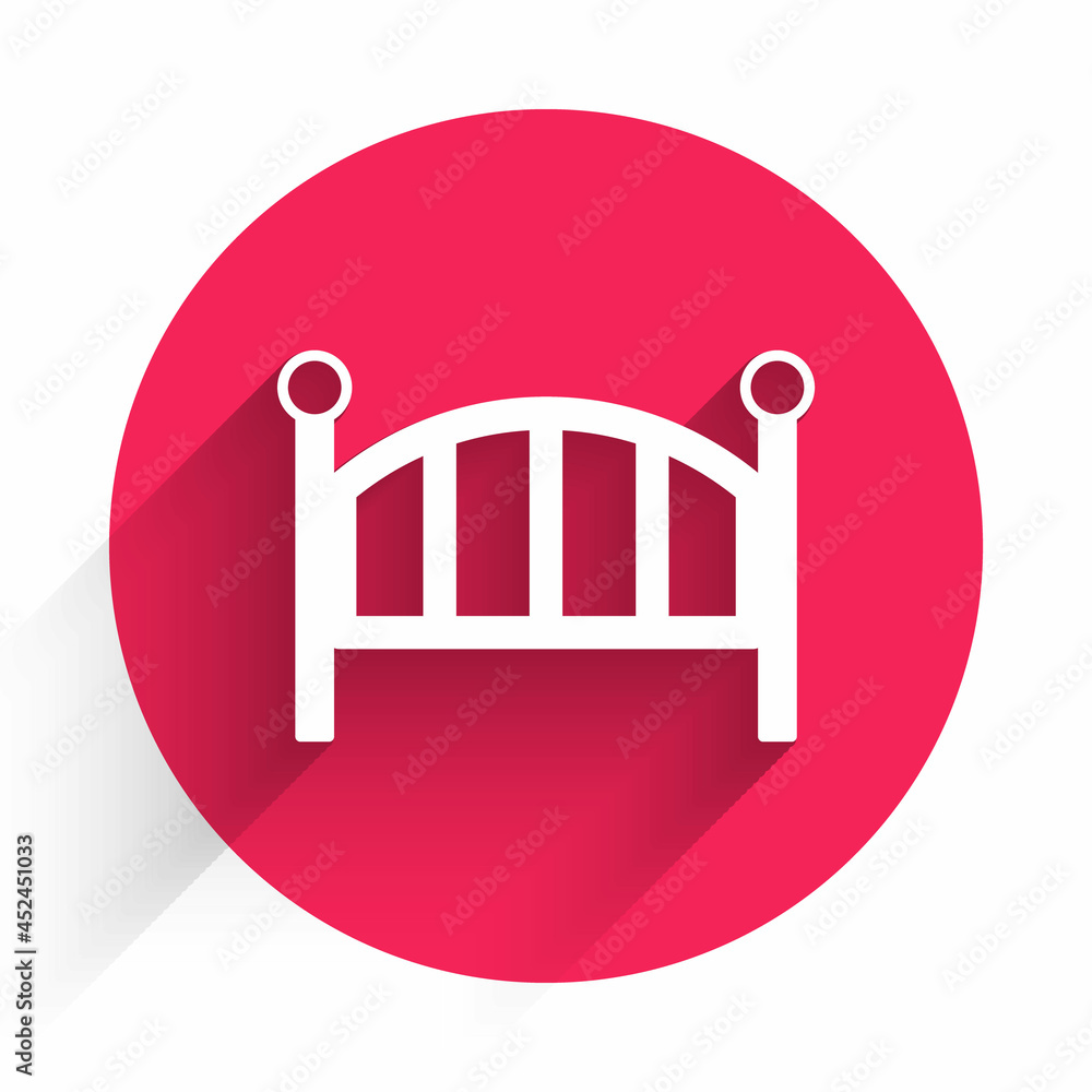 White Baby crib cradle bed icon isolated with long shadow background. Red circle button. Vector