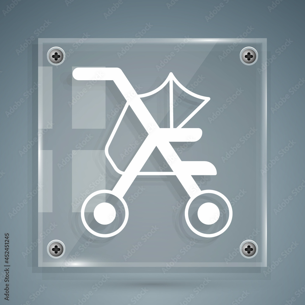 White Baby stroller icon isolated on grey background. Baby carriage, buggy, pram, stroller, wheel. S