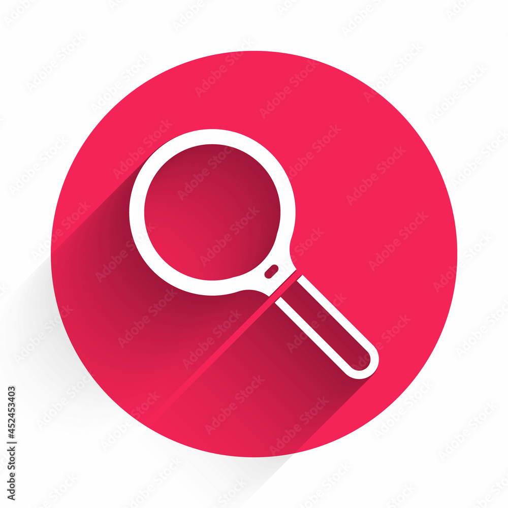 White Magnifying glass icon isolated with long shadow background. Search, focus, zoom, business symb