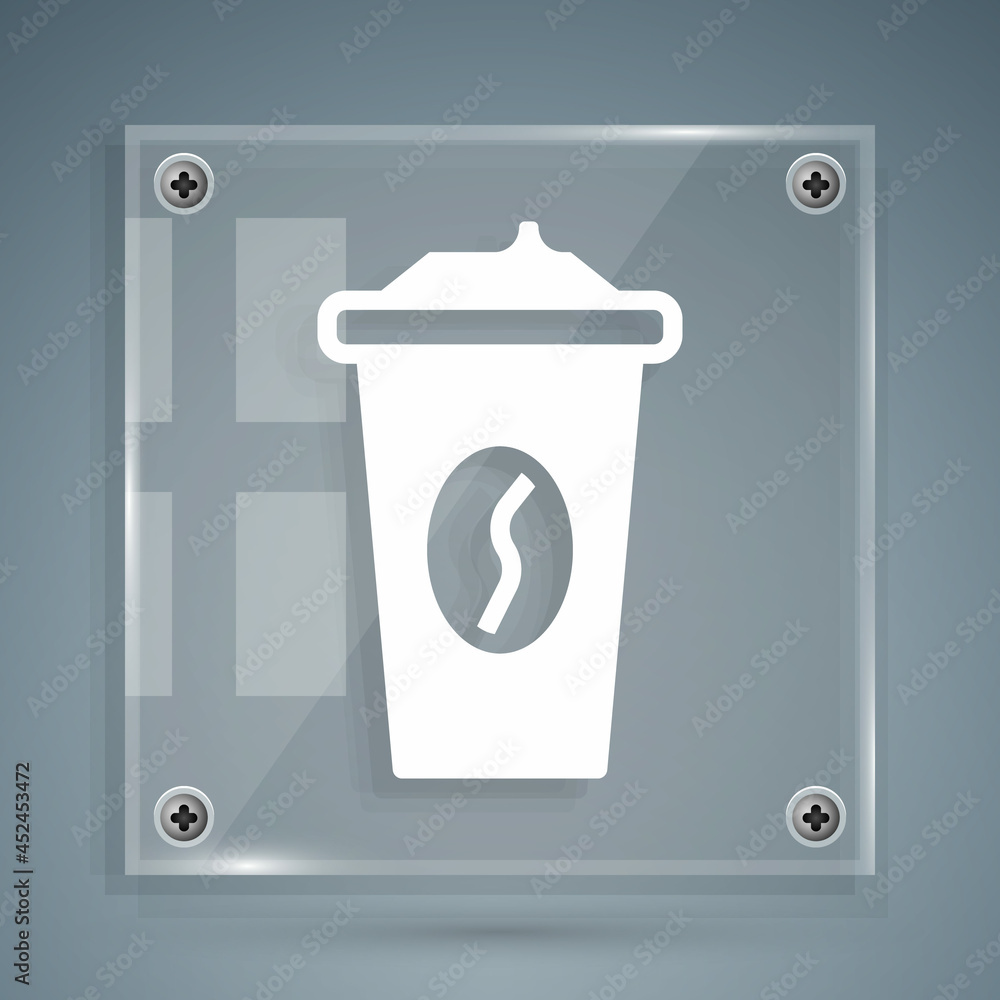 White Coffee cup to go icon isolated on grey background. Square glass panels. Vector