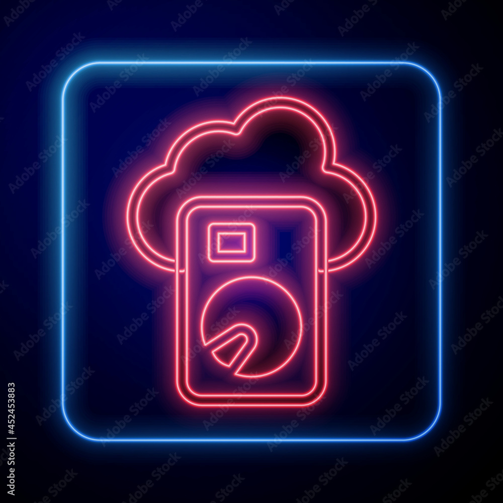 Glowing neon Cloud database icon isolated on black background. Cloud computing concept. Digital serv