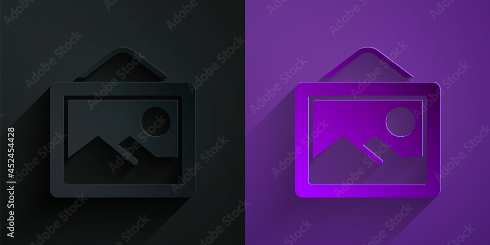 Paper cut Picture landscape icon isolated on black on purple background. Paper art style. Vector