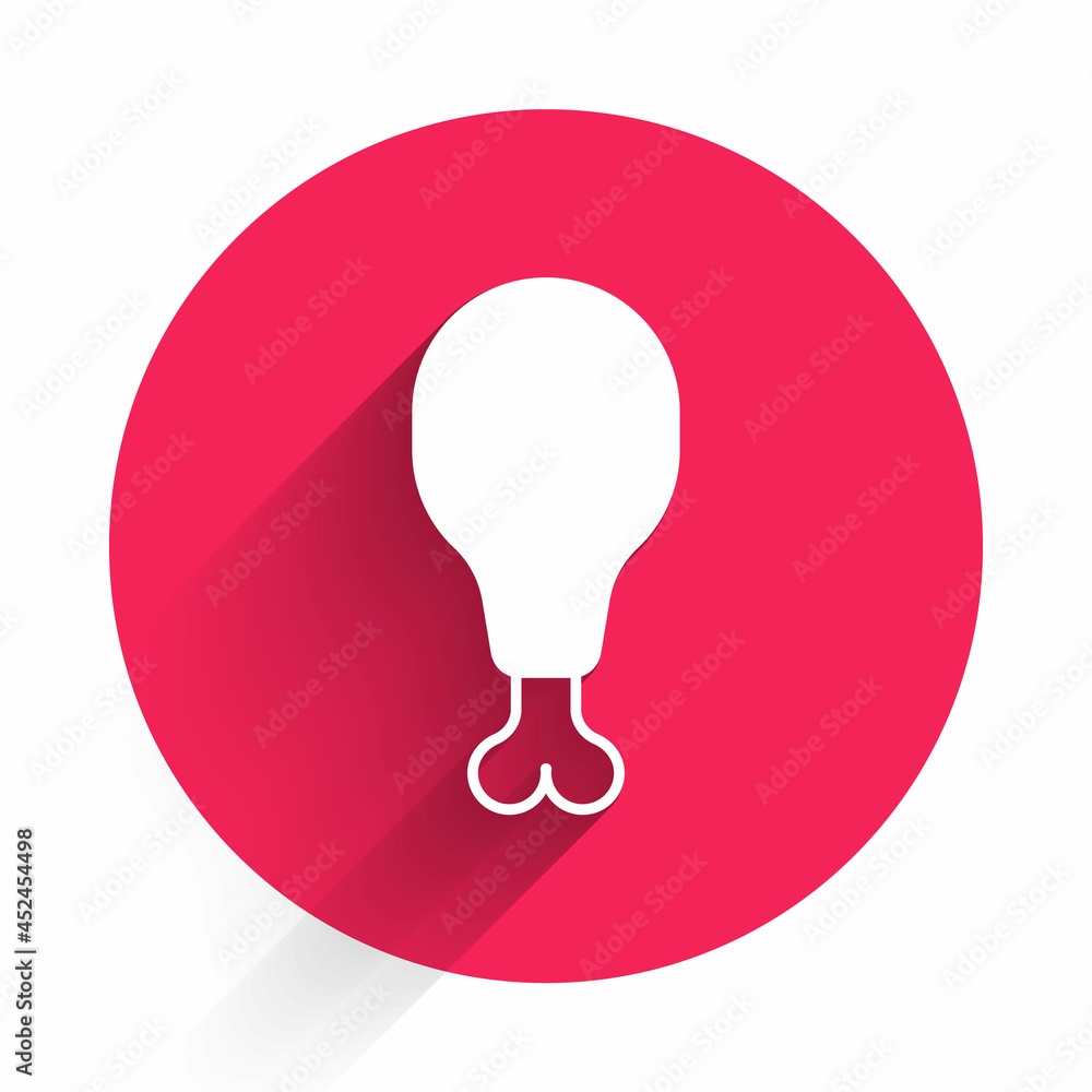 White Chicken leg icon isolated with long shadow background. Chicken drumstick. Red circle button. V