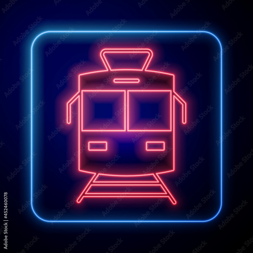 Glowing neon Tram and railway icon isolated on black background. Public transportation symbol. Vecto