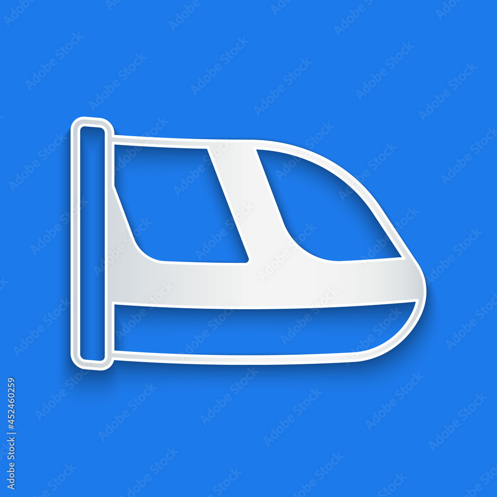 Paper cut Train and railway icon isolated on blue background. Public transportation symbol. Subway t