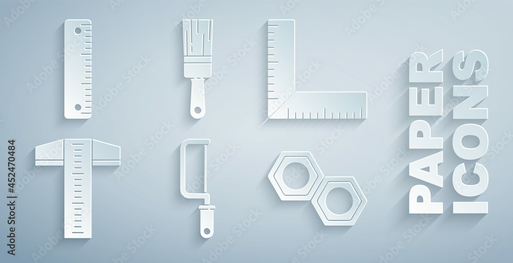 Set Hacksaw, Corner ruler, T-square line, Hexagonal metal nut, Paint brush and Ruler icon. Vector