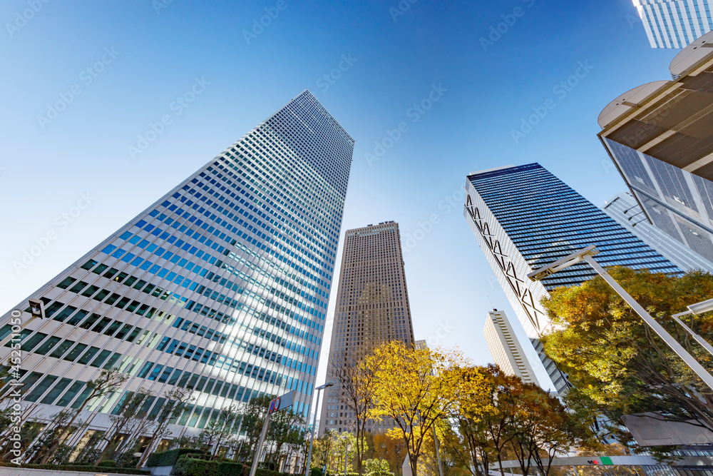 朝の太陽光に照らされた東京の高層ビル群