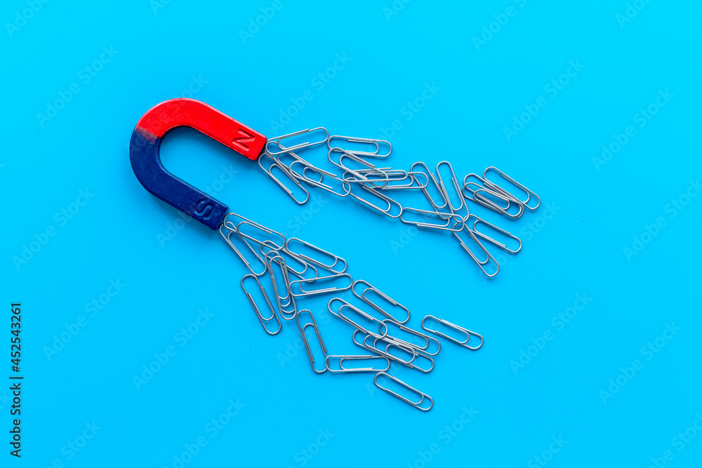 Magnet with paper clips. Office supplies top view